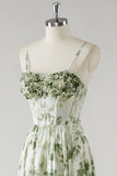 Green Flower A-Line Spaghetti Straps Ruched Corset Long Bridesmaid Dress