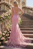 Mermaid Taro V-Neck Ruched Long Ball Dress with Appliqued 3D Flowers