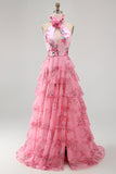 Halter Neck Blush Cut Out Chiffon Tiered Ruffled Long Ball Dress with 3D Flower