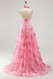 Halter Neck Blush Cut Out Chiffon Tiered Ruffled Long Ball Dress with 3D Flower