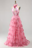 Halter Neck Blush Cut Out Chiffon Tiered Ruffled Long Ball Dress with 3D Flower