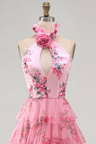 Halter Neck Blush Cut Out Chiffon Tiered Ruffled Long Ball Dress with 3D Flower