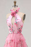 Halter Neck Blush Cut Out Chiffon Tiered Ruffled Long Ball Dress with 3D Flower