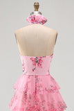 Halter Neck Blush Cut Out Chiffon Tiered Ruffled Long Ball Dress with 3D Flower