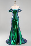 Metallic Emerald Green Off the Shoulder Mermaid Corset Ruched Long Ball Dress with Side Slit