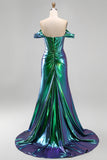 Metallic Emerald Green Off the Shoulder Mermaid Corset Ruched Long Ball Dress with Side Slit