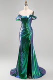 Metallic Emerald Green Off the Shoulder Mermaid Corset Ruched Long Ball Dress with Side Slit