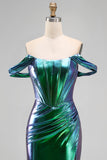 Metallic Emerald Green Off the Shoulder Mermaid Corset Ruched Long Ball Dress with Side Slit