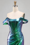 Metallic Emerald Green Off the Shoulder Mermaid Corset Ruched Long Ball Dress with Side Slit