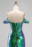 Metallic Emerald Green Off the Shoulder Mermaid Corset Ruched Long Ball Dress with Side Slit