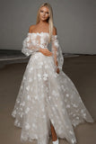 Lace Ivory A Line Appliques Off the Shoulder Weddinng Dress with Slit