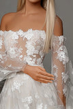 Lace Ivory A Line Appliques Off the Shoulder Weddinng Dress with Slit