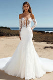 Lace Tulle Ivory Off the Shoulder Mermaid Wedding Dress