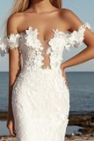 Lace Appliqued Ivory Off the Shoulder Sheath Wedding Dress