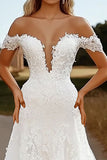 Off the Shoulder Appliqued Ivory A Line Wedding Dress