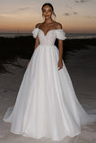 Elegant Ivory Off the Shoulder Organza A-Line Long Wedding Dress