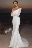 Chic Ivory Satin One Shoulder Mermaid Long Wedding Dress with Rhinestone