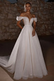 Glitter Ivory Off the Shoulder A Line Long Wedding Dress