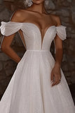 Glitter Ivory Off the Shoulder A Line Long Wedding Dress