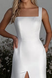 Simple Ivory Column Satin Square Neck Wedding Dress