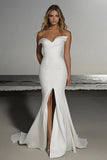 Satin Off the Shoulder Ivory Mermaid Wedding Dress with Slit