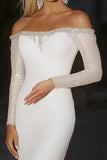 Sparkly Off the Shoulder Sheath Ivory Long Sleeve Wedding Dress