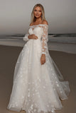 Elegant Ivory Lace A Line Off the Shoulder Wedding Dress with Long Sleeves