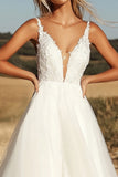 Delicate Ivory V Neck Tulle A Line Lace Applique Wedding Dress