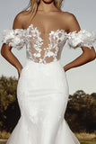 Delicate Ivory A Line Off the Shoulder Tulle Lace Wedding Dress