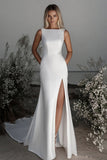 Simple Ivory Boat Neck Slit Sheath Satin Wedding Dress with Sash