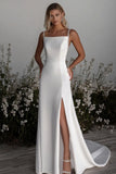 Simple Ivory Satin Sheath Wedding Dress with Slit