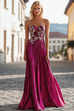 Chic Fuchsia Strapless Sweetheart Long Prom Dress With Embroidery