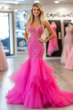 Elegant Fuchsia Sweetheart Mermaid Tulle Long Prom Dress With Lace Appliques