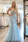 Elegant Sky Blue Mermaid Sweetheart Mermaid Tulle Long Prom Dress With Appliques