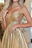 Chic Gold A Line  Deep-V  Satin Pleated Long Prom Dress