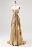 Strapless Gold A Line Satin Pleated Long Prom Dress