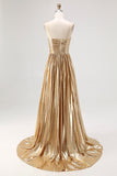 Strapless Gold A Line Satin Pleated Long Prom Dress