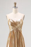 Strapless Gold A Line Satin Pleated Long Prom Dress