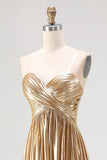 Strapless Gold A Line Satin Pleated Long Prom Dress