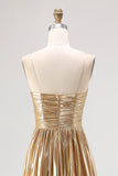 Strapless Gold A Line Satin Pleated Long Prom Dress