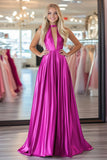 Chic Fuchsia A Line Halter V Neck Satin Pleated Long Prom Dress