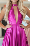 Chic Fuchsia A Line Halter V Neck Satin Pleated Long Prom Dress