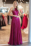 Chic Fuchsia A Line Halter Pleated Long Prom Dress