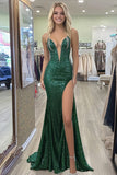 Sparkly Spaghetti Straps Dark Green Mermaid Prom Dress with Slit