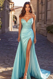 Blue Ruched Sweetheart Prom Dress with Slit