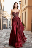 Burgundy Satin Sweetheart Prom Dress with Embroidery