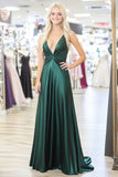 Chic Dark Green V-Neck A Line Satin Prom Dress