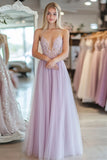 Light Purple A Line Tulle Spaghetti Straps Prom Dress with Lace