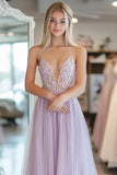 Light Purple A Line Tulle Spaghetti Straps Prom Dress with Lace