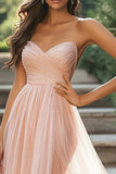 Chic Blush Sweetheart A-Line Ruched Tulle Long Prom Dress With Slit